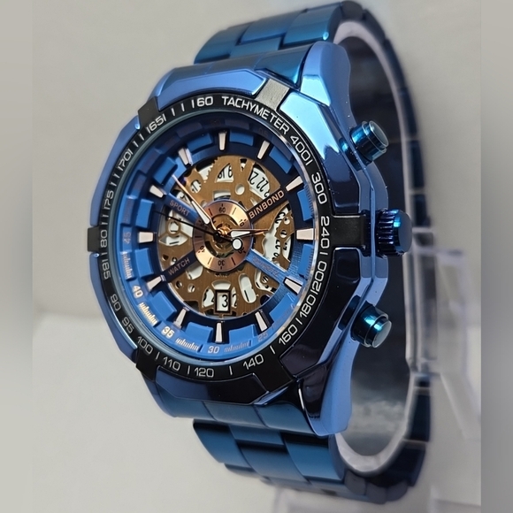 Mens Binbond 46mm Hollow Date Quartz Watch Brillant Blue 30M New Battery - Picture 2 of 10